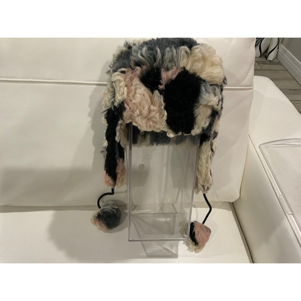 ICING Faux Fur Trapper Hat Ear Flaps Pompoms Black Cream Pink Gray